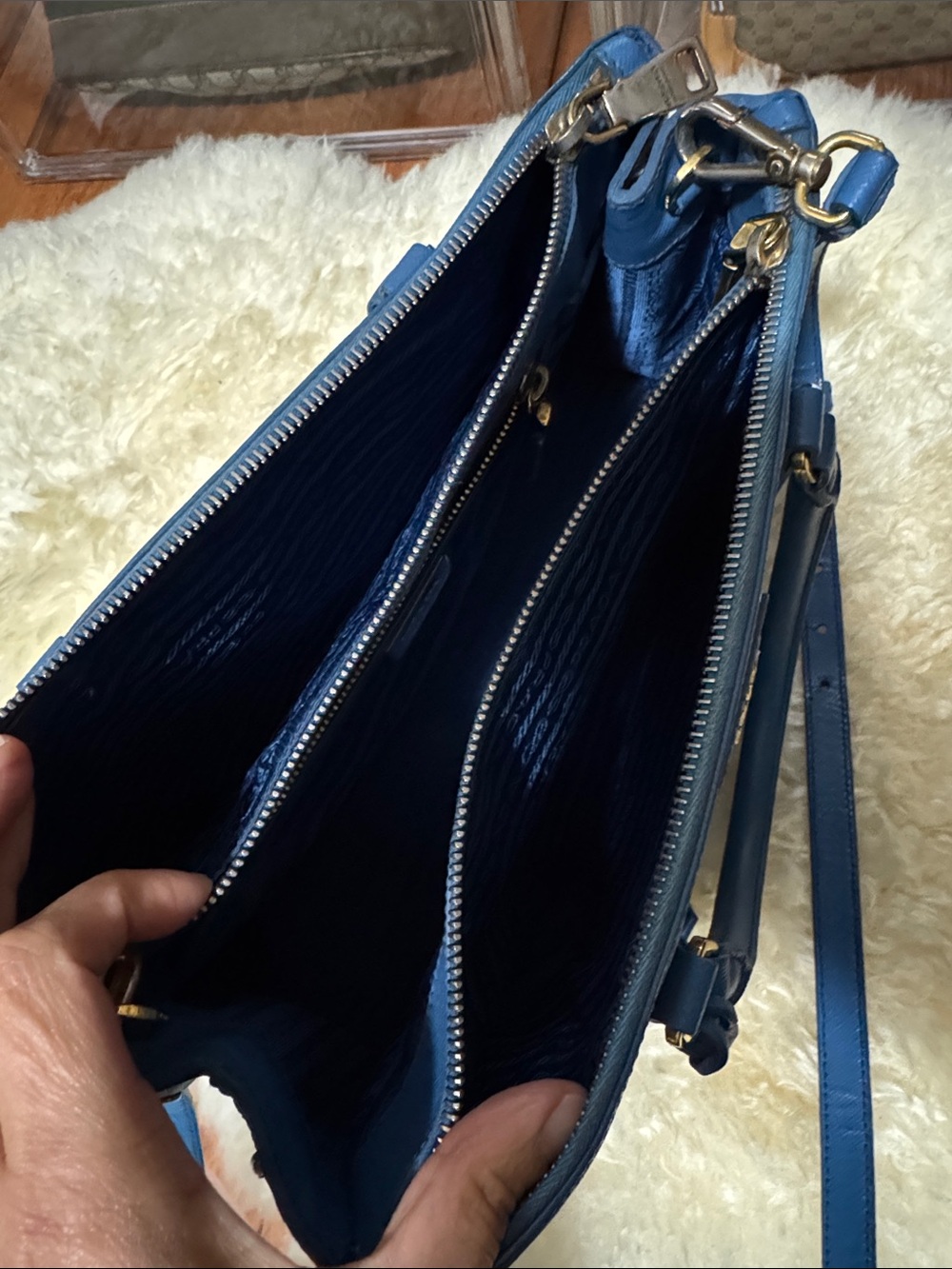 Prada Blue Saffiano Double-Handle Satchel with Crossbody Strap - Picture 12 of 14
